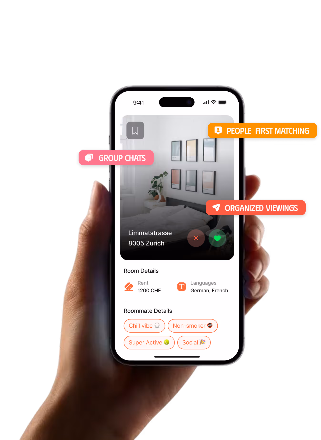 Mobile phone screen displaying a rental listing for a house with icons for rejecting or liking the listing.
