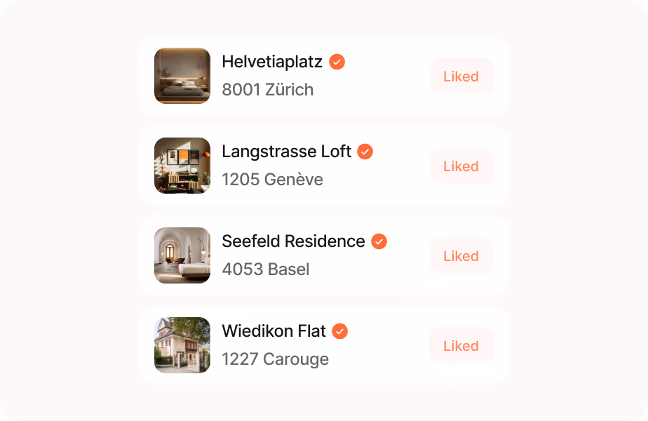 List of four liked properties with thumbnails and addresses: Helvetiaplatz in Zürich, Langstrasse Loft in Genève, Seefeld Residence in Basel, Wiedikon Flat in Carouge.
