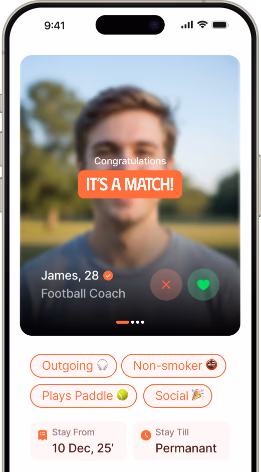 App screen showing a successful roommate match with profile details
